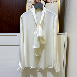 高级感飘带真丝衬衫女大牌纯色显瘦缎面高端桑蚕丝上衣长袖衬衣夏