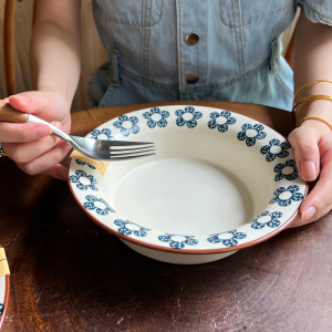 日式复古沙拉意面深盘 小蓝花陶瓷汤饭拉面盘 家用圆形反口菜盘子