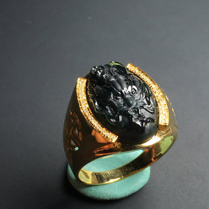 墨翠戒指男士天然翡翠戒指男冰种龙头戒面18k金镶嵌玉戒