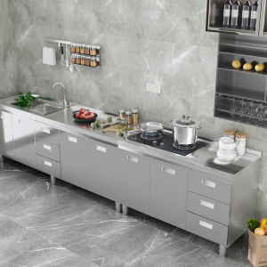 304整体全不锈白钢厨房橱柜简易灶台一体储物收纳碗柜家用小户型