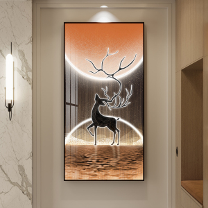现代轻奢入户玄关装饰画走廊尽头过道竖版高档玄幻壁画大气鹿挂画