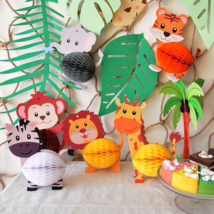 动物主题纸花球挂饰森系恐龙宝宝派对幼儿园装饰生日儿童六一