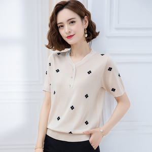 2020年正品哥弟新款冰丝上衣针织衫薄蕾丝印花t恤女夏装新款小衫