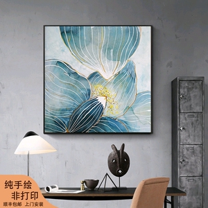 简约现代客厅荷花装饰画纯手绘玄关单幅抽象油画金线轻奢挂画花卉