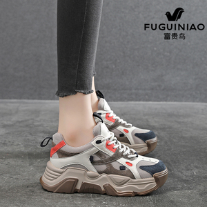 富贵鸟老爹鞋女款真皮厚底鞋小个子增高春夏新款2022年复古运动鞋