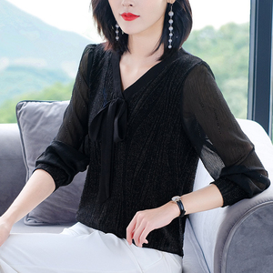 正品哥弟新款女装2021年秋季v领针织t恤小款上衣网纱袖洋气小衫
