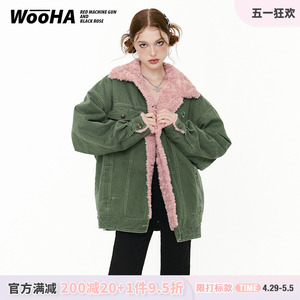 WooHa/吾哈冬季新款原创设计复古毛毛外套羊羔毛绒厚款牛仔棉服女