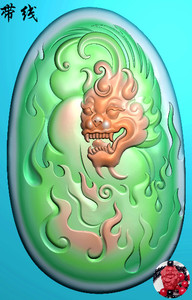 椭圆火焰仿古兽头瑞兽貔貅挂件精雕图浮雕玉雕灰度图jdpbmp雕刻图