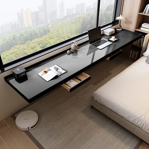 黑色实木长条桌子双人书桌窄壁挂悬空浮宽40窗台延伸桌卧室床尾桌