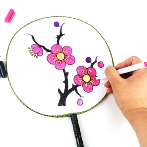 空白带轮廓绘画扇子儿童diy手工涂鸦团扇宫扇圆扇手绘图案幼儿园