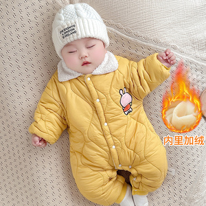 婴儿羽绒棉服连体衣加绒宝宝衣服防风外出服婴幼儿冬季保暖厚哈衣
