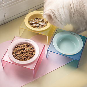 韩国bd猫碗猫食盆陶瓷飞碟碗宠物喝水碗猫盘饭碗狗狗碗亚克力碗架