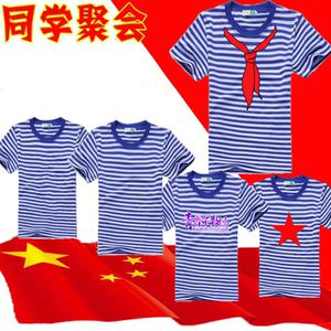 夏季海魂衫男女短袖圆领水手服学院风纯棉半袖蓝白条纹情侣装包邮