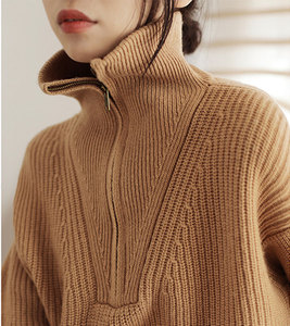 法式复古半拉链高领套头毛衣女早春新款宽松外穿慵懒风针织衫上衣