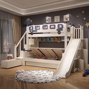 全实木两层儿童上下床男孩上下铺木床双层床高低床子母滑梯汽车床