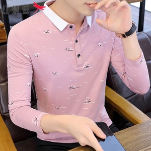 红蜻蜓Polo衫男士春夏季翻领粉色卫衣潮流新薄款休闲长袖t恤男装