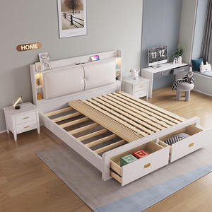 北欧轻奢实木床白色现代简约1.35米床头带储物箱体收纳气压单人床