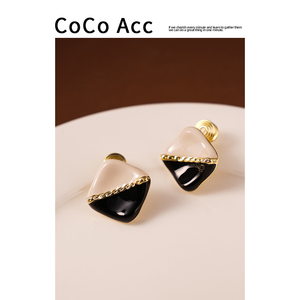COCO高级感个性黑白滴油撞色几何耳夹无耳洞蚊香盘耳环女气质耳饰