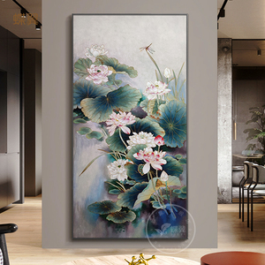 玄关壁画进门墙中式荷花莲花画茶楼珐琅彩青莲花卉竖版饭厅装饰画
