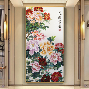 入户玄关装饰画新中式掐丝珐琅彩竖版花卉牡丹花开富贵客厅挂画