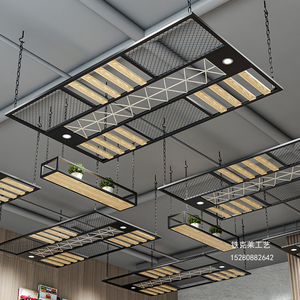 工业风铁艺吊顶装饰餐厅奶茶店麻绳木条创意天花顶面遮丑铁网定制