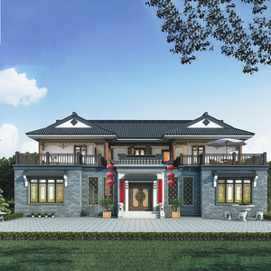 b7371农村二层中式四合院的图纸仿古带阳台堂屋别墅设计图自建房