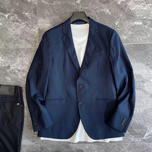 购杰尼亚正春夏新款真牛角扣竖条纹单排两粒扣西服男士西装外套潮