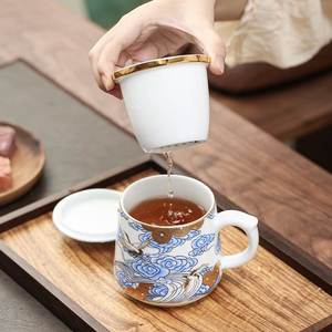 中国风陶瓷鎏金骨瓷大茶杯茶水分离马克杯办公室包装盒高档礼盒装