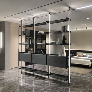 飞美家具立柱式衣帽间开放式极简书柜装饰柜隔断金属玻璃板材结合