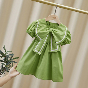 0050人付款淘宝韩版女童旗袍裙子宝宝夏装儿童泡泡袖连衣裙中国风绿色