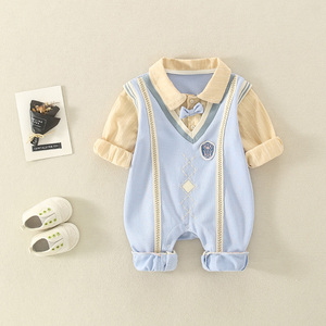 婴儿连体衣春秋装男宝宝小西服哈衣可爱洋气满月百天幼儿拍照衣服