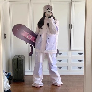 昆白粉紫色滑雪服套装外套女2023秋冬季新款设计感防风防水款棉服