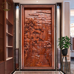 东阳红木手工木雕进门玄关屏风隔断中式背景原创设计山水人家挂画