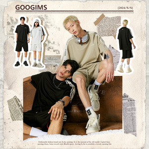 韩国Googims经典条纹套装男女同款情侣款运动短袖套装