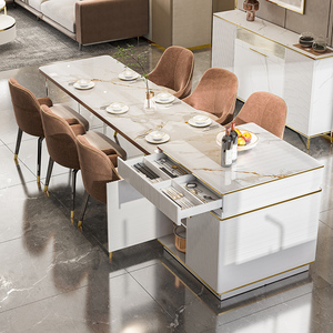 中邸岛台餐桌一体可伸缩悬空家用厨房轻奢现代极简岩板实木悬浮桌