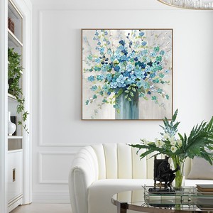 手绘油画现代简约餐厅蓝色清新轻奢挂画欧式客厅沙发背景墙装饰画