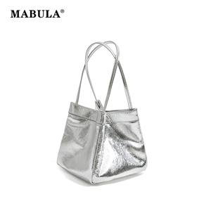 MABULA银色反光面真皮小方包2023新款水桶包高级感小众设计手提包