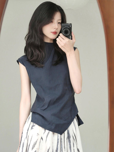 韩版时尚不规则圆领无袖衬衫背心女新款气质优雅修身显瘦薄款上衣