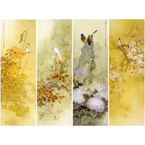 【无步骤】周中耀工笔画白描底稿花鸟四条屏初学者临摹画稿原大尺寸40