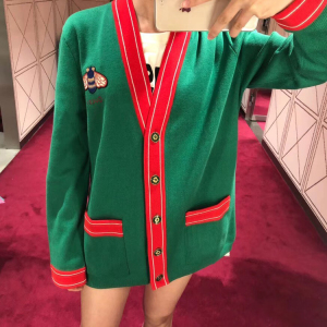 gucci古奇19秋冬款开衫外套撞色刺绣小蜜蜂v领针织女毛衣直邮