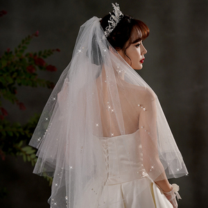 头纱女头饰网红拍照道具新娘结婚主婚纱领证登记白色闪闪珍珠头纱