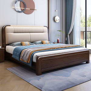新中式紫金檀木实木床1.8米双人床主卧1.5米真皮软包高箱储物婚床