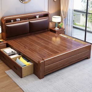 百洛斯中式加厚胡桃木实木床1.8米双人床现代简约软包1.5米储物床