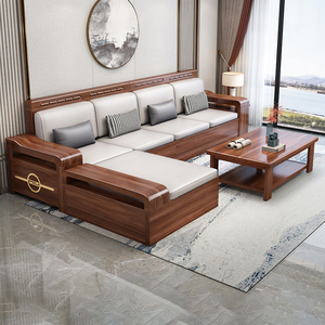 中式胡桃木实木沙发组合冬夏两用储物沙发经济小户型布艺客厅家具