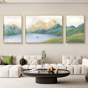 碧水青山客厅装饰画现代简约沙发背景墙挂画高档寓意好壁画三联画