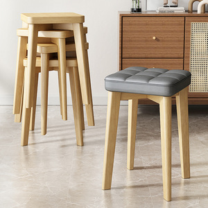 实木方凳家用软包餐椅现代简约木椅子科技布客厅可叠放凳子小板凳