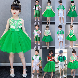 六一小女孩儿童装草绿色连衣裙子夏秋蓬蓬纱公主六一演出走秀礼服