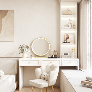 轻奢梳妆台简约现代化妆桌伸缩柜一体卧室飘窗多功能奶油风收纳柜