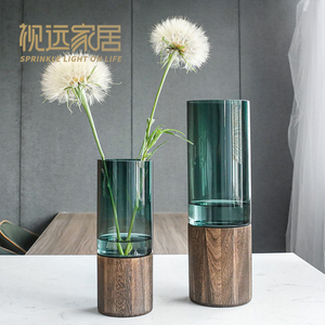 新中式高档原木花瓶玻璃透明水养摆件客厅插花轻奢干花落地马醉木