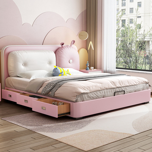 儿童床女孩公主床单人床实木床现代简约卧室网红粉色兔子床真皮床